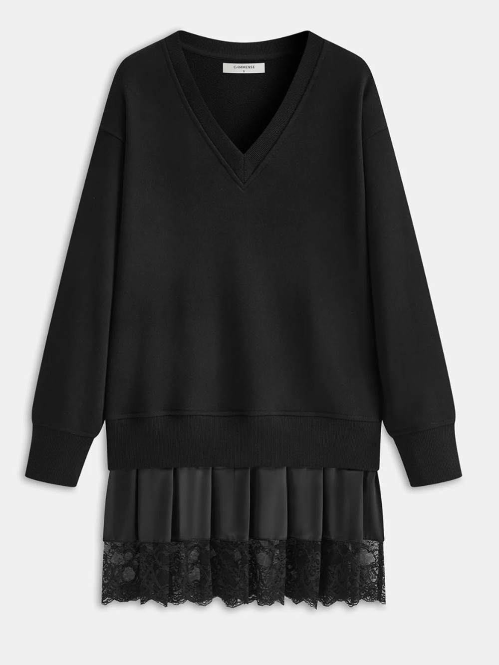 ‼️SALE Commense Black V-Neck Sweatshirt Dress Lace Satin Hem Pleated Mini L NWT